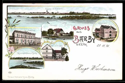 Lithographie Barby a. d. Elbe, Totalansicht, St. Marienstift und Fährhaus