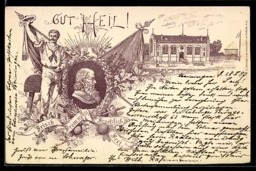 Lithographie Meiningen, Turnfest und Turnhalle 1897, Portrait Turnvater Jahn
