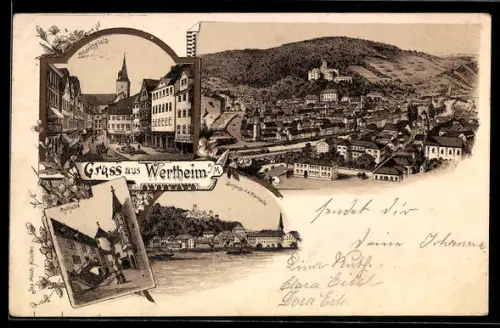 Lithographie Wertheim a. M., Totalansicht mit Kirche, Partie am Marktplatz, Rathaus und Schloss