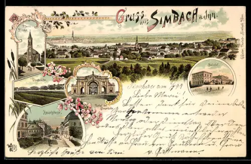 Lithographie Simbach a. Inn, Bahnhof, Haupstrasse, Portal der Innbrücke, Pfarrkirche