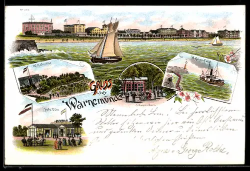 Lithographie Warnemünde, Gasthof Schweizerhaus, Wilhelmshöhe, Hohe Düne, Hafeneinfahrt