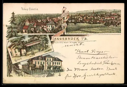 Lithographie Langebrück i. S., Totalansicht, Villen-Kolonie, Kurbad und Hotel zur Post
