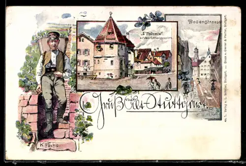 Künstler-Lithographie Alt-Stuttgart, Rosenstrasse, S`Thürmle a. d. Catharinenplatz