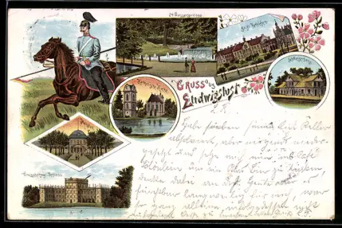 Lithographie Ludwigslust, Soldat mit Speer zu Pferde, Wassersprünge, Stift Bethlehem und Schweizerhaus
