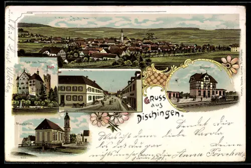Lithographie Dischingen, Totalansicht, Schloss Taxis, Bahnhof und Pfarrkirche