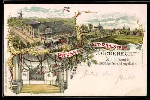 Lithographie Hamburg-Rahlstedt, Bahnhofshotel von J. Godknecht aus der Vogelschau, Teilansicht mit Kirche