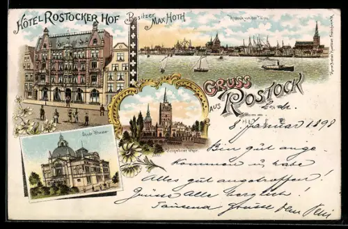 Lithographie Rostock, Hotel Rostocker Hof, Bes. Max Hoth, Teilansicht von der Fähre und Kröpeliner Tor