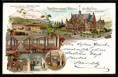 Lithographie Trier, Kath. Vereinshaus Treviris, Kellerei in Oberemmel, Lagerkeller, Flaschenkeller