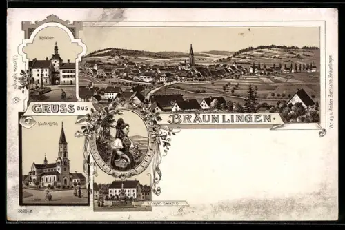 Lithographie Bräunlingen, Totalansicht mit Kirche, Frau in Tracht, Mühlethor und Kirche, Kriegerdenkmal