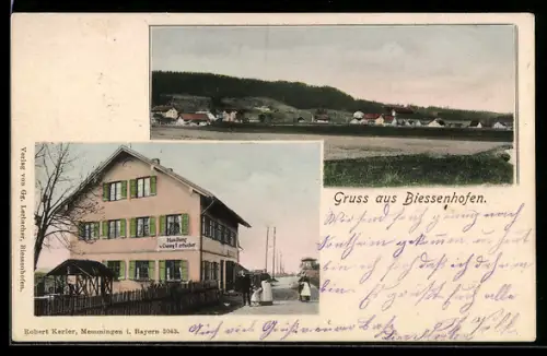 AK Biessenhofen, Totalansicht und Geschäft von Georg Lerhscher in der Aussenansicht
