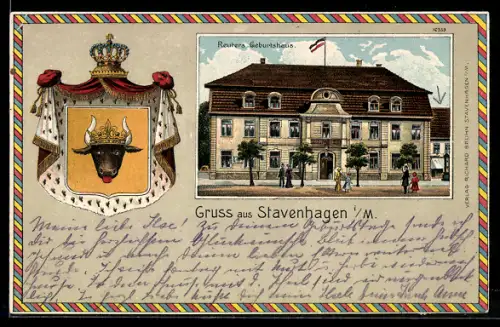 AK Stavenhagen i. M., Reuters Geburtshaus in der Aussenansicht mit Wappen im Passepartout