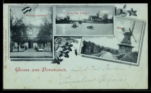 Mondschein-AK Dornbusch, Nodorp's Gasthaus, Windmühle, Hafen mit Fähre
