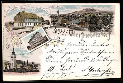 Lithographie Oberfriedersdorf, Totalansicht mit Kirche, Gasthaus Kretscham und Schule