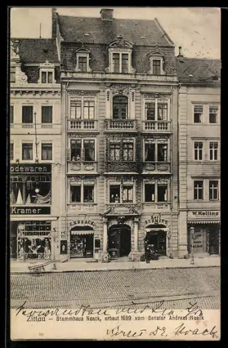 AK Zittau, Strassenpartie mit Stammhaus Noack am Marktplatz 4