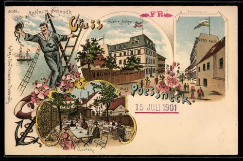 Lithographie Poessneck, Hotel z. Anker, Bes. Arthur Schmidt, Johannisgasse, Matrose