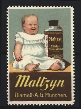 Reklamemarke München, Maltzyn Diamalt A.G., lächelndes Baby mit Flasche