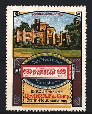 Reklamemarke Berlin-Neubabelsberg, Byrolyn-Werke Dr. Graf & Comp., Das Beste zur Hautpflege, Schlossansicht Babelsberg