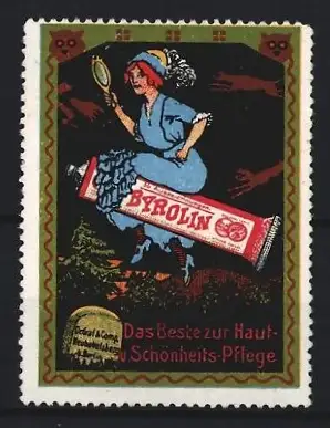 Reklamemarke Byrolin Das Beste zur Haut- u. Schönheitspflege, Hexe mit Handspiegel reitet auf Tube Byrolin