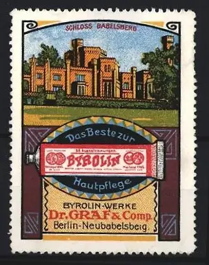 Reklamemarke Berlin-Neubabelsberg, Byrolyn-Werke Dr. Graf & Comp., Das Beste zur Hautpflege, Schlossansicht Babelsberg