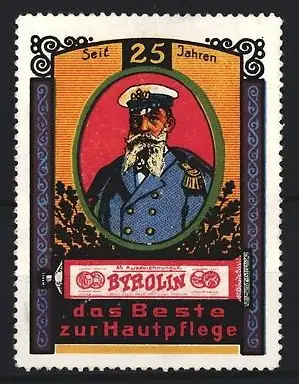 Reklamemarke 25 Jahre Byrolin, Seemann mit Bart & Tube Byrolin