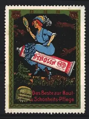 Reklamemarke Byrolin Das Beste zur Haut- u. Schönheitspflege, Hexe mit Handspiegel reitet auf Tube Byrolin