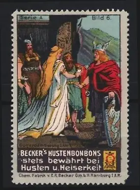 Reklamemarke Hamburg, Becker`s Hustenbonbons, Szene aus Götterdämmerung