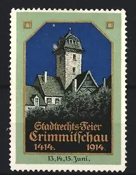 Reklamemarke Crimmitschau, Stadtrechts-Feier 1414-1914, Turm und Gebäude