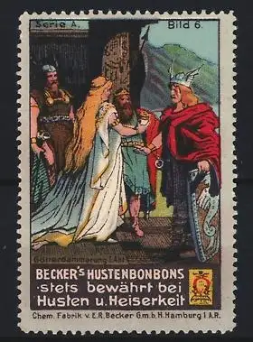 Reklamemarke Hamburg, Becker`s Hustenbonbons, Szene aus Götterdämmerung
