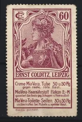 Reklamemarke Leipzig, Ernst Colditz, Creme & Seifen, Frauenfigur mit Krone