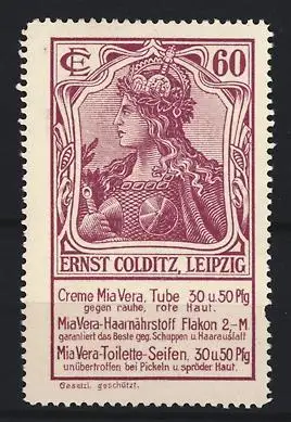 Reklamemarke Leipzig, Ernst Colditz, Creme und Seife, Kriegerin mit Helm