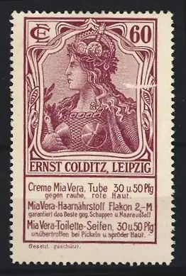 Reklamemarke Leipzig, Ernst Colditz, Creme & Seife, Büste einer Frau mit Krone