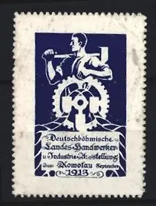 Reklamemarke Komotau, Deutschböhmische Landes-Handwerker- und Industrie-Ausstellung 1913, Schmied mit Zahnrad