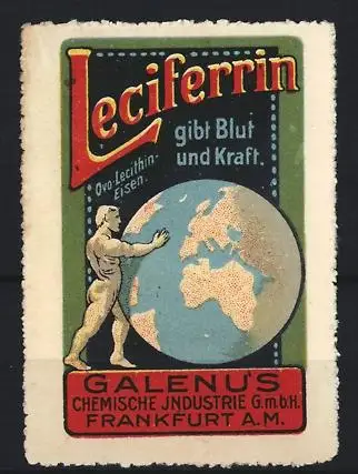 Reklamemarke Frankfurt a. M., Leciferrin gibt Blut und Kraft, Atlas mit Erdkugel