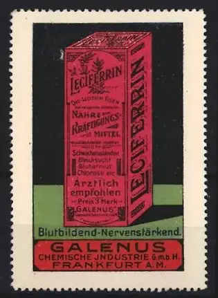 Reklamemarke Frankfurt A.M., Galenus Chemische Industrie GmbH, Lectiferrin Nahrungs-Kräftigungsmittel, Produktverpackung