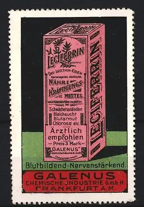 Reklamemarke Frankfurt A.M., Galenus Chemische Industrie GmbH, Lectiferrin Nahrungs-Kräftigungsmittel, Produktverpackung