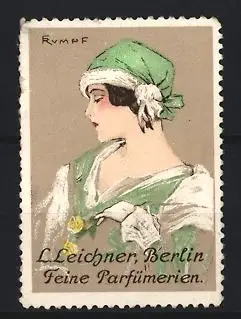 Künstler-Reklamemarke Fritz Rumpf, Berlin, L. Leichner Feine Parfümerien, Frau in grünem Kleid