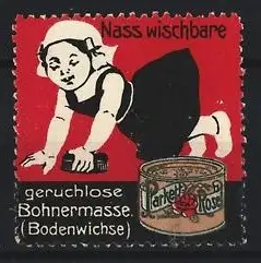 Reklamemarke Parkett Rose, Nass wischbare geruchlose Bohnermasse, Kniendes Kind mit Dose