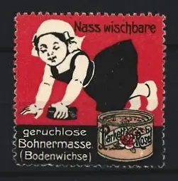 Reklamemarke Parkett Rose, Nass wischbare Bodenwische, Kind mit Bohnerwachs