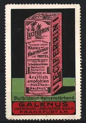 Reklamemarke Frankfurt A.M., Galenus Chemische Industrie GmbH, Lectiferrin Nahrungs-Kräftigungsmittel, Produktverpackung