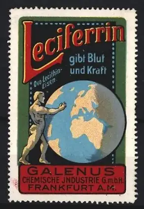 Reklamemarke Frankfurt a. M., Leciferrin gibt Blut und Kraft, Atlas mit Weltkugel