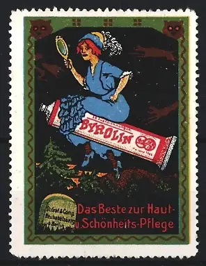 Reklamemarke Byrolin Das Beste zur Haut- u. Schönheitspflege, Hexe mit Handspiegel reitet auf Tube Byrolin