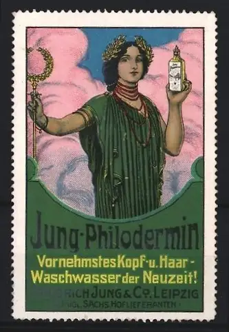 Reklamemarke Leipzig, Friedrich Jung & Co., Jung-Philodermin, Göttin mit Flasche