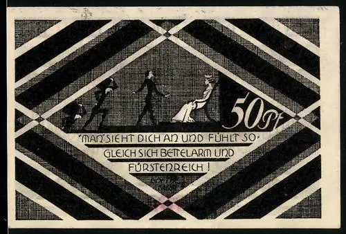 Notgeld Hasloh /Pinneberg, 50 Pfennig, satirischer Text und geometrisches Muster