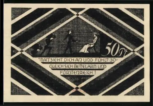 Notgeld Hasloh /Pinneberg, 50 Pfennig, geometrisches Muster mit Spruch und Personen in Silhouetten