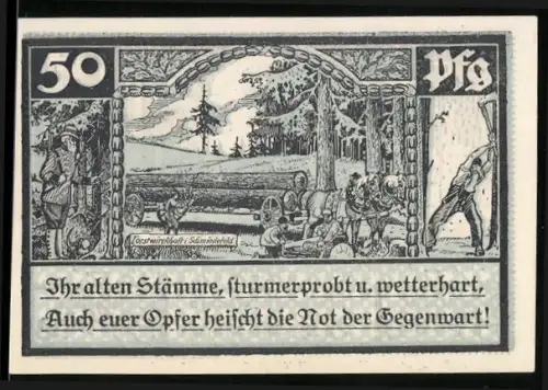 Notgeld Schmiedefeld, 50 Pfennig, Glasindustrie und Forstwirtschaftsmotiv mit Huhn im Wappen