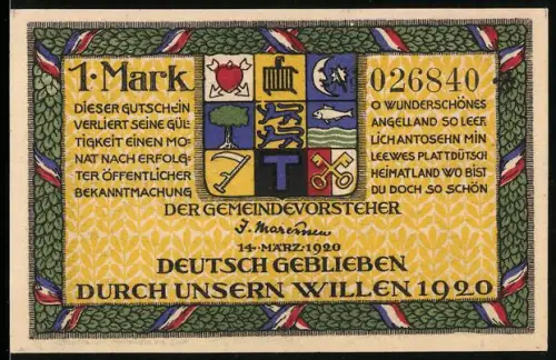 Notgeld Holnis 1920, 1 Mark, Landschaft und Wappen, dänisches Turmschiff Rolf Krake 1864 auf der Flucht