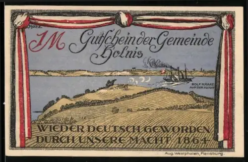 Notgeld Holnis 1920, 1 Mark, Küstenlandschaft mit dänischem Turmschiff Rolf Krake 1864 auf der Flucht
