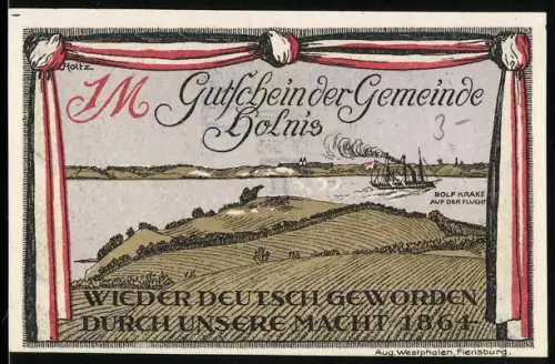 Notgeld Holnis 1920, 1 Mark, Landschaft mit Sund und dänischem Turmschiff Rolf Krake 1864 auf der Flucht