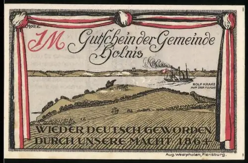 Notgeld Holnis 1920, 1 Mark, Landschaft und Wappen, dänisches Turmschiff Rolf Krake 1864 auf der Flucht