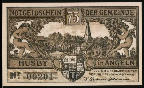 Notgeld Husby in Angeln 1921, 75 Pfennig, Dorfszene und Passrevision mit Wappen und Landschaft